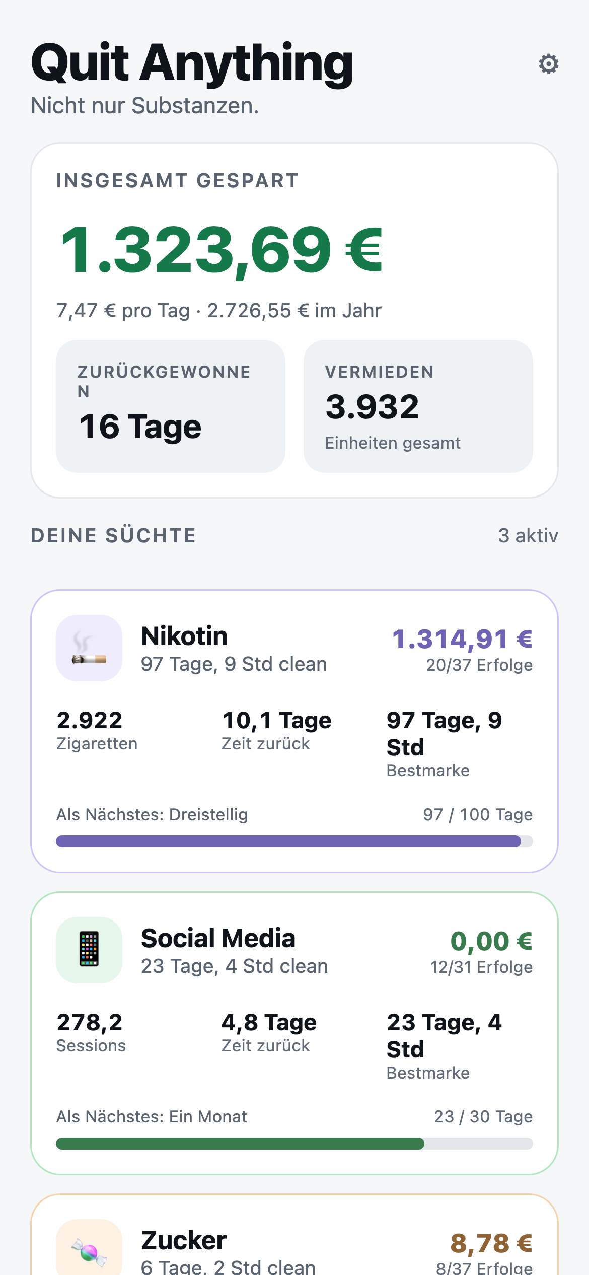 Quit Anything mit persönlicher Abstinenzbilanz, aktueller Serie, gespartem Geld und zurückgewonnener Zeit